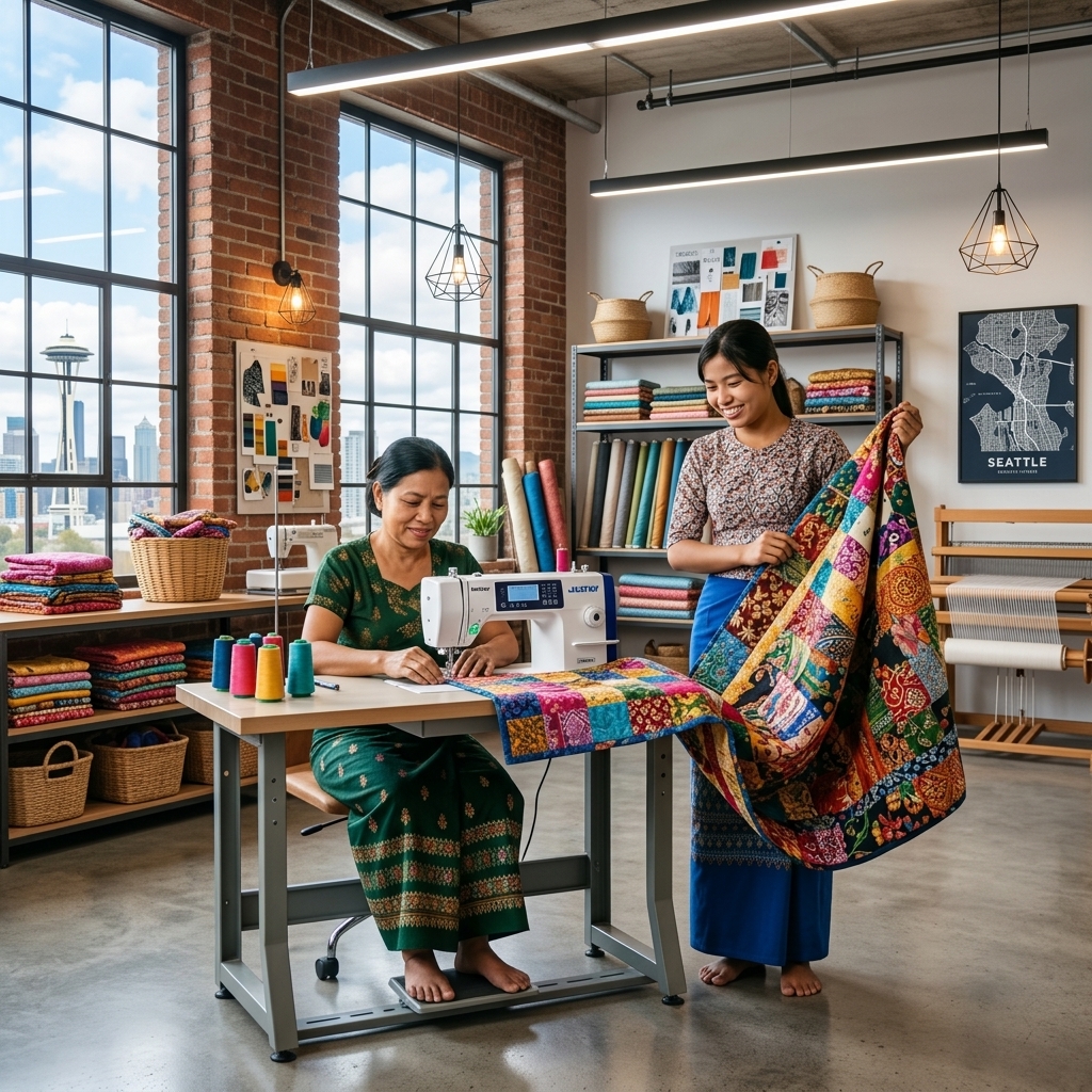 Burmese artisans sewing a quilt