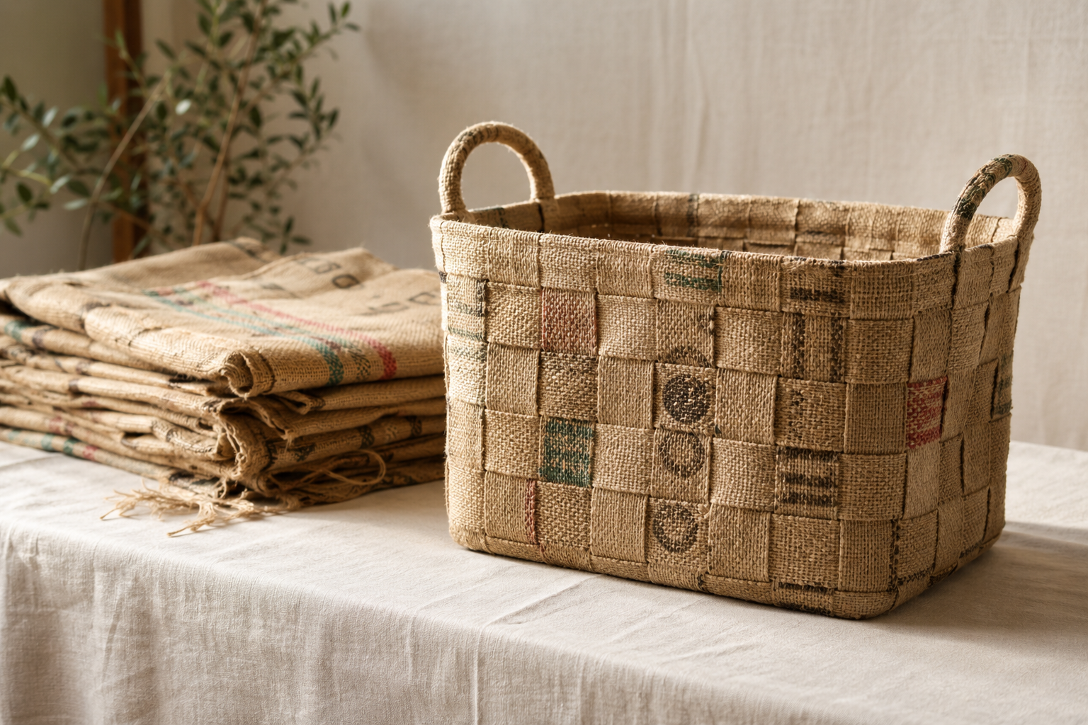 Storage basket woven from upcycled burlap coffee bags