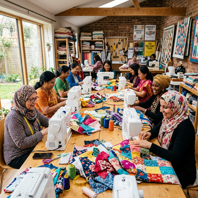 Multi-ethnic immigrant women training together at sewing machines.