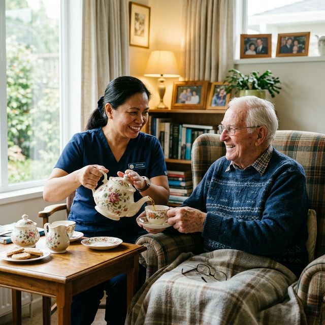 An immigrant woman who is a certified in-home aide pouring tea for an elderly man.