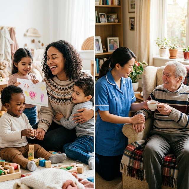 A caring woman with children and an elder care caregiver — representing the dual caregiving mission