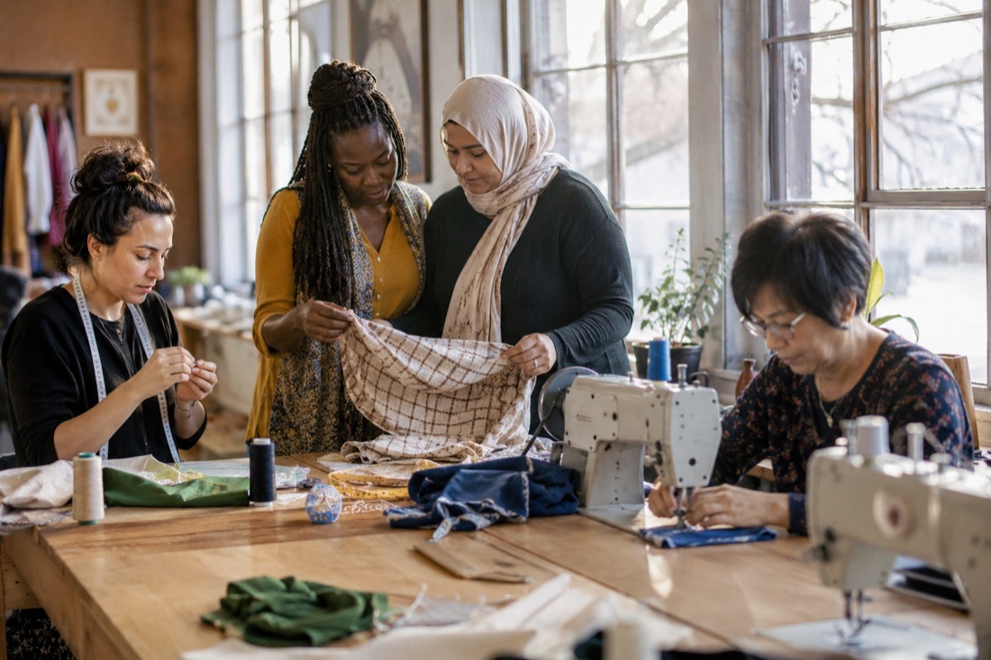 Two CareMakers participants working together at a sewing machine