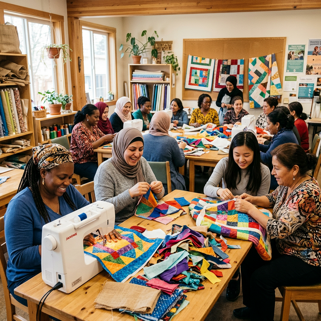 A group of diverse immigrant women sewing and making quilts from scrap fabrics in a community workshop